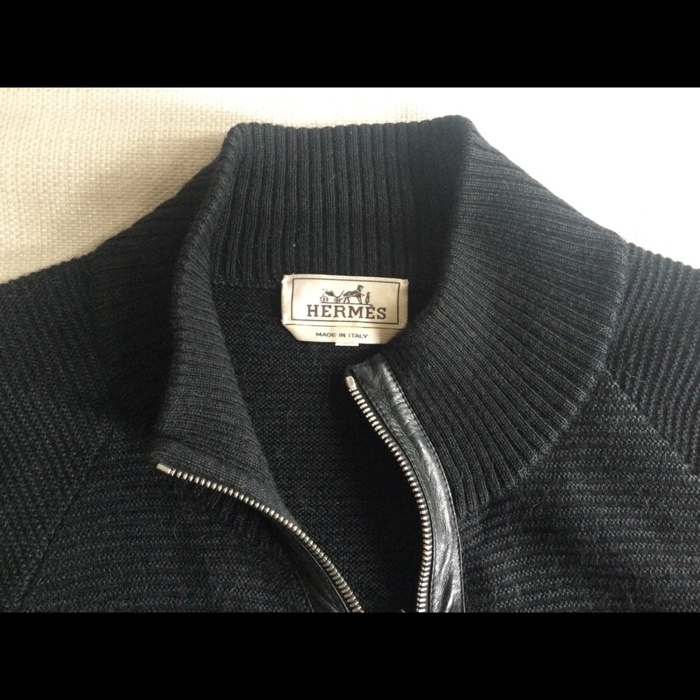 Hermes Alpaca body, leather trim zip sweater